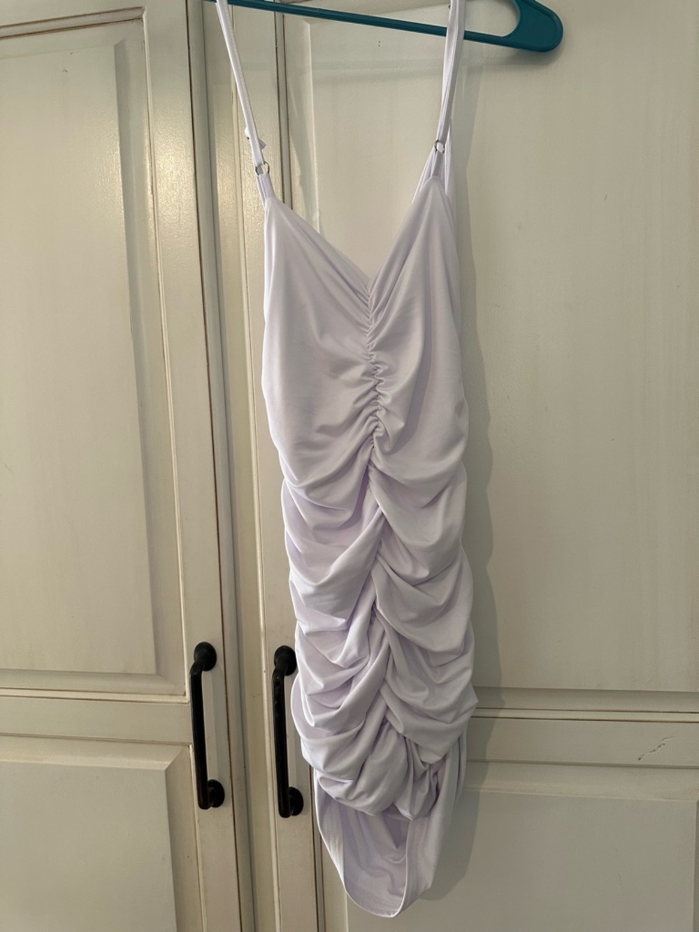 Adjustable Spaghetti-Strap Ruched Mini Dress in Light Lavender